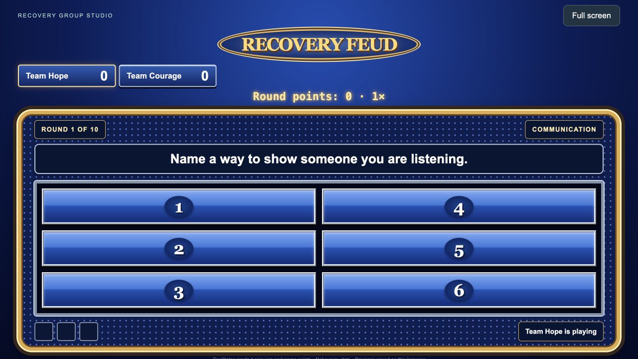 Recovery Feud’s blue and gold board with six hidden answers and team scores