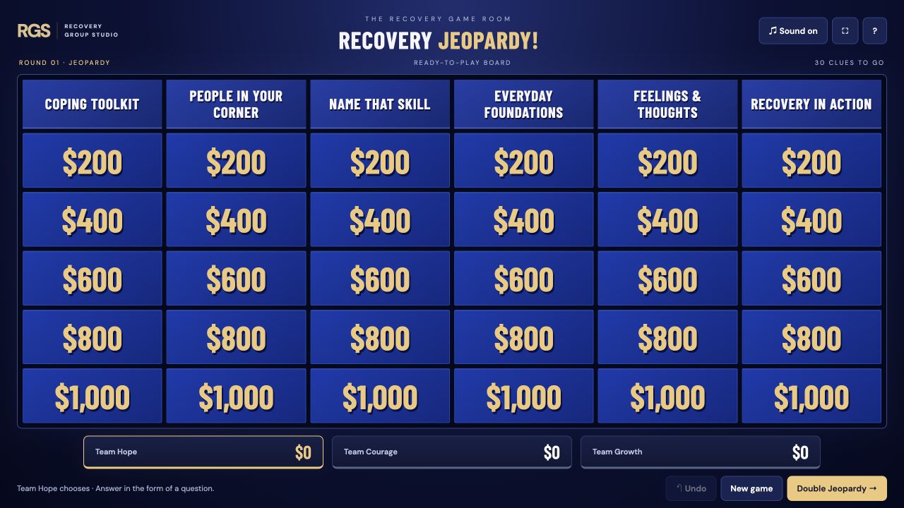 Recovery Jeopardy’s six-category blue board with gold clue values from $200 to $1,000
