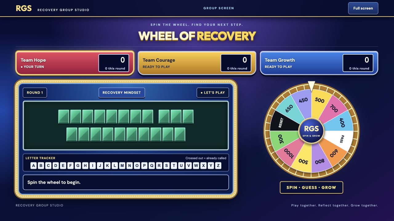 Wheel of Recovery’s colorful points wheel beside its green letter puzzle board